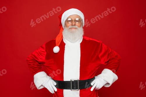 Preview: Portrait of funny confident happy old senior beard isolated standing on red background