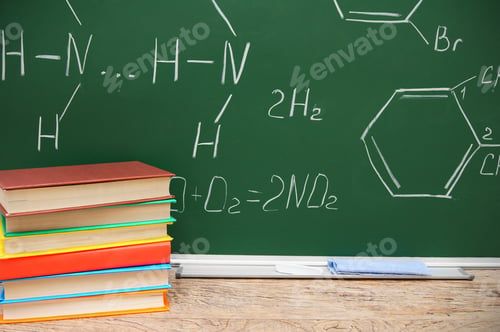 Preview: Pile of books against a school board with chemical formulas.