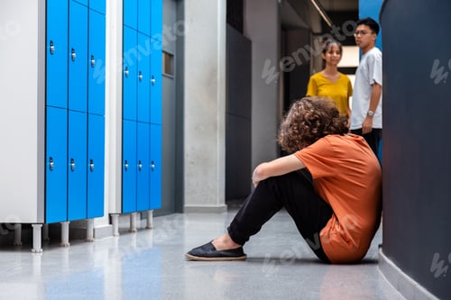 Preview: Sad teen boy sitting on floor in high school corridor while his classmates observe him. Copy space.