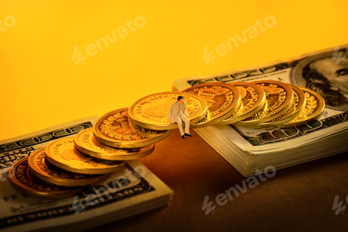 Preview: Closeup of a small person figure sitting on a coin bridge on dollar bills - concept of investment