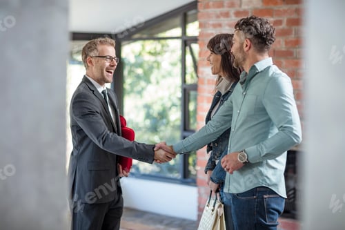 Preview: Businessman shaking hands with a couple indoors.