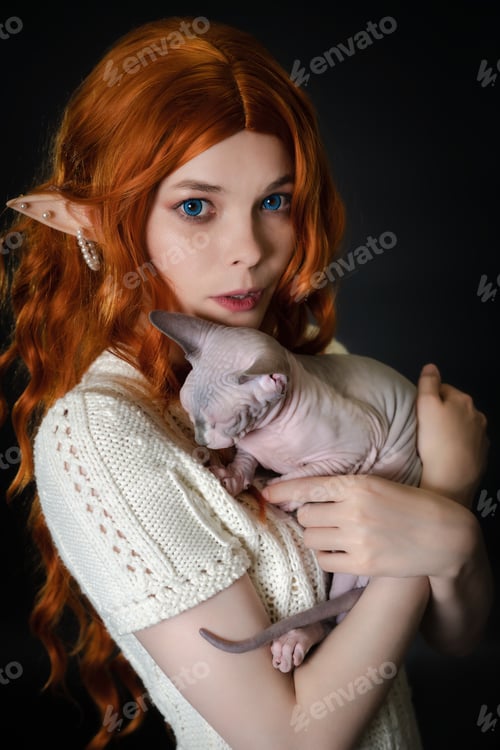 Preview: Portrait of young woman cosplayer elf in white knitted dress hugging Sphinx kitten. Black background