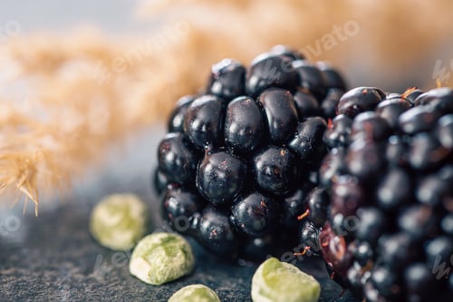Preview: Macro shot of ripe blackberries, natural background.