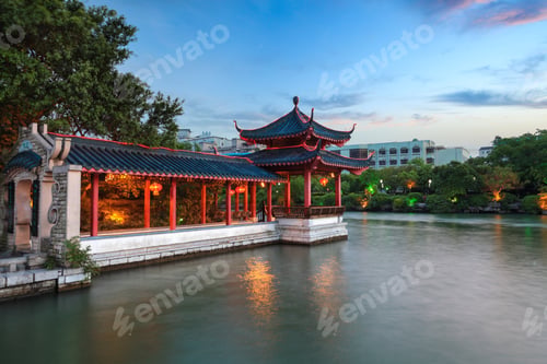 Preview: traditional pavilion and promenade at dusk
