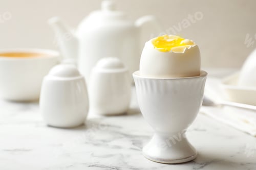 Preview: Holder with soft boiled egg on table. Space for text