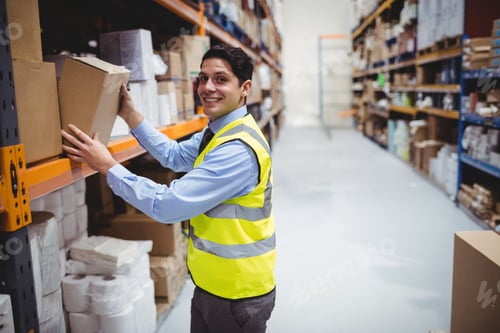 Preview: Male warehouse worker wearing safety vest reaching for cardboard box on shelf in warehouse aisle