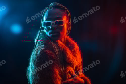 Preview: Black ethnic woman with braids with blue and red led lights, portrait in fur coat