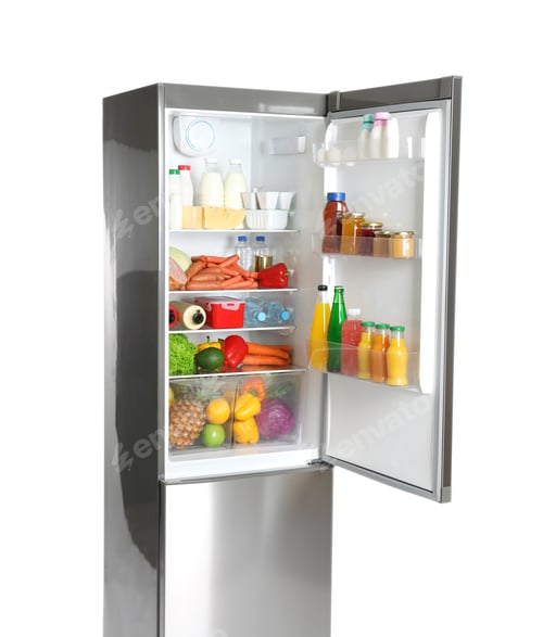 Preview: Open refrigerator with many different products on white background