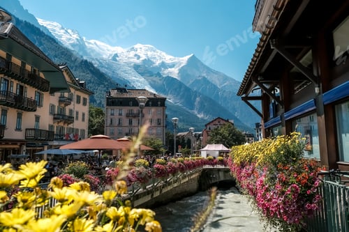Preview: Chamonix, France - August 22, 2022: Views of the snowy mountains from the center of Chamonix.
