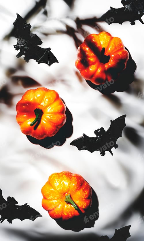 Preview: Happy Halloween white background with pumpkins, bats, spiders with copy space. Hard light