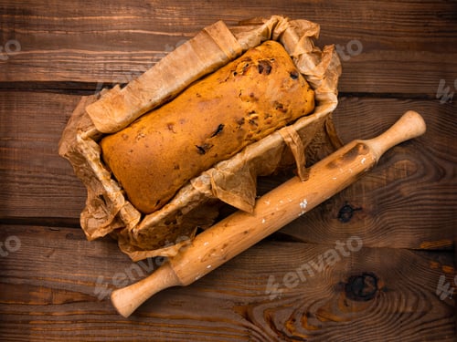 Preview: Baking cake with rolling pin on rural rustic wooden background flat lay. Dough recipe ingredients