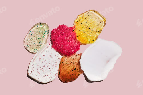 Preview: Different natural cosmetic products Swatches set with particles. Face or body Skin care cream, serum