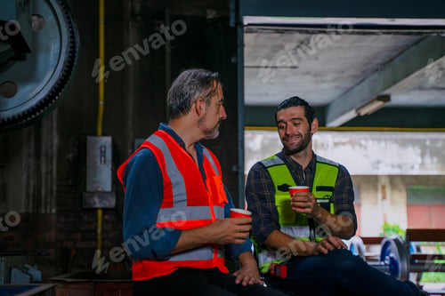 Preview: Blue collar workers work together at metal factory.