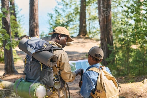 Preview: Back view of senior black man and his grandson discussing map of local area