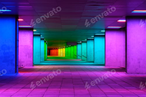 Preview: Colorful mulitcolord illuminated gallery tunnel near Museum Park, Rotterdam, The Netherlands
