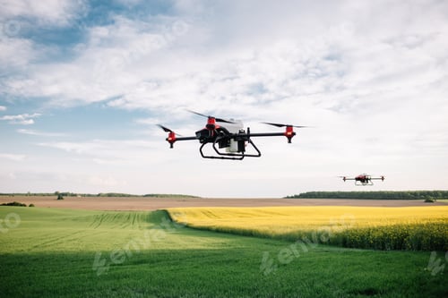 Preview: Agriculture drone spraying water fertilizer on the sunflower field