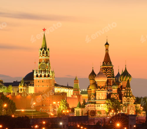 Preview: View of Kremlin towers, Saint Basils Cathedral at night, Moscow, Russia