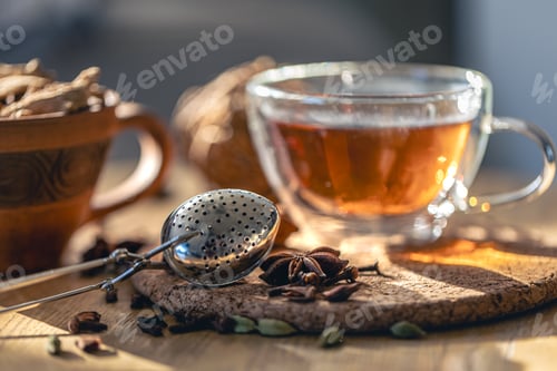 Preview: Tea ceremony, glass cup of black tea and teapot on blurred home background.