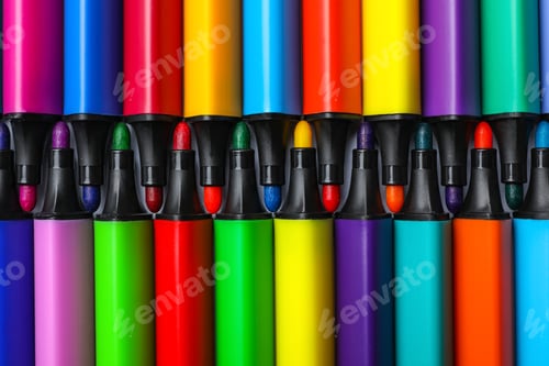 Preview: Many colorful markers as background, top view. Rainbow palette