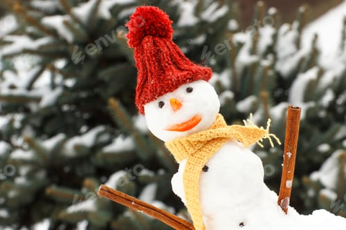 Preview: Snowman with woolen scarf and cap on background of coniferous tree