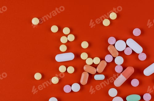 Preview: Drugs pills capsules treatment, disease hospital illness disease on bright red background