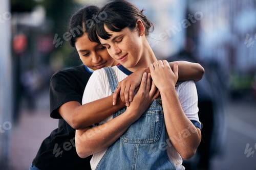 Preview: Support, hug and lgbt couple in the city with peace, freedom and love for identity in France. Pride