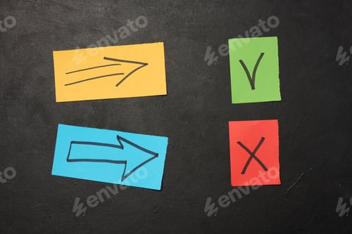 Preview: Two paper sheets with drawn check mark and cross symbols