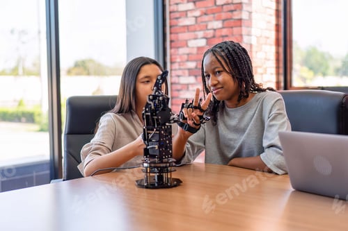Preview: Teenager children learning with new innovation robotic hand interface hand control in classroom