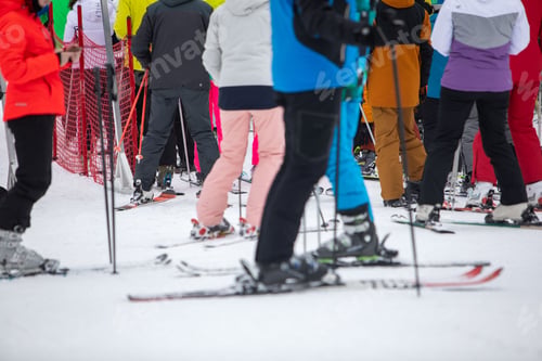 Preview: Slovakia, Jasna - February 4, 2022: people in line to ski chair lift
