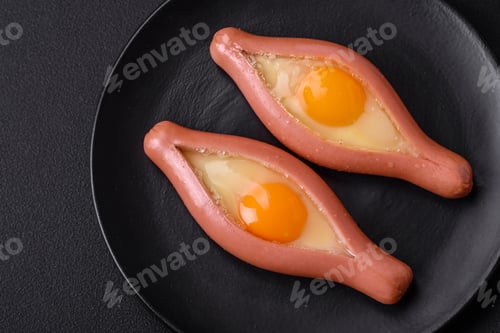 Preview: Composite concept of fried eggs inside a cut sausage with spices