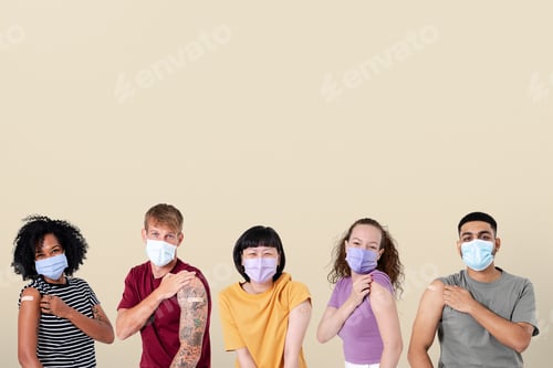 Preview: Vaccinated diverse people presenting shoulder