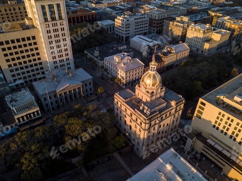 Preview: Aerial top down view of city hall in Savannah, Georgia, USA.
