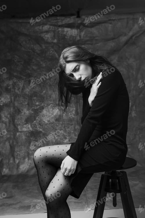 Preview: Beautiful Feminine Girl In A Dress On A Canvas Background. Art Portrait