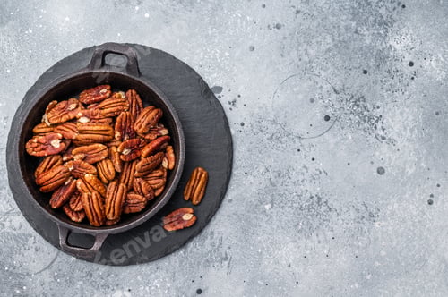 Preview: Closeup of pecans in a cast iron pan placed on a wooden board over a grey artistic surface