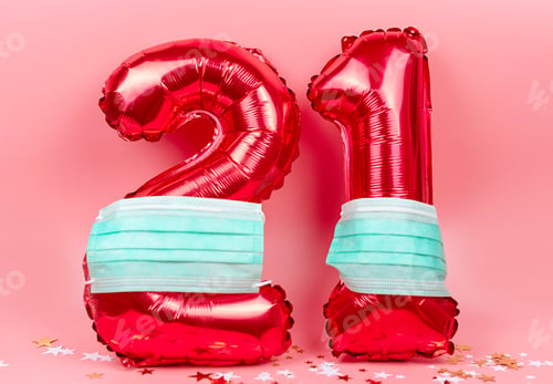 Preview: red figures 21 from balloons in protective face mask on pink background, the concept of new year