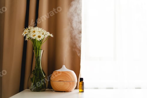 Preview: Aromatherapy concept. Aroma oil diffuser on the table against the window.