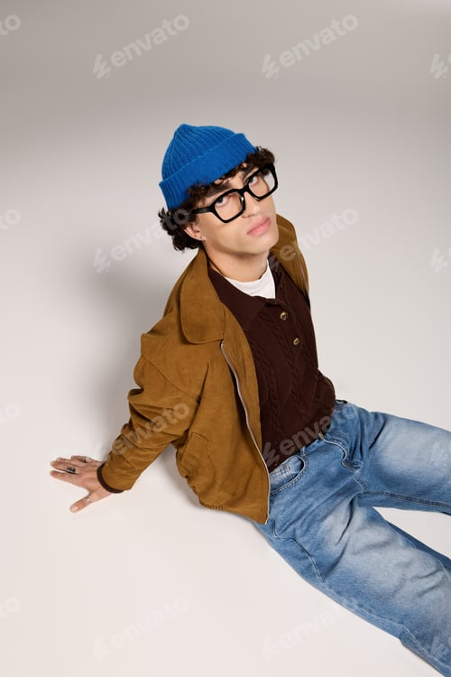 Preview: Stylish young man sitting on the floor in casual but fashionable attire