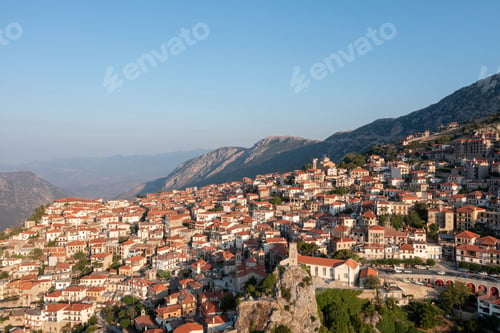 Preview: Arachova Greece mountain town aerial drone view, Boeotia. Tourist resort