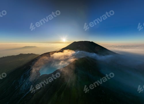 Preview: Aerial panorama drone view of mount Kawah Ijen volcano crater at sunrise, East Java, Indonesia