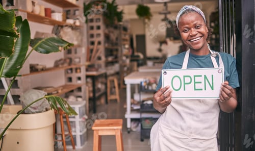 Preview: Creative startup, pottery and black woman with open sign for art class, workshop and small business