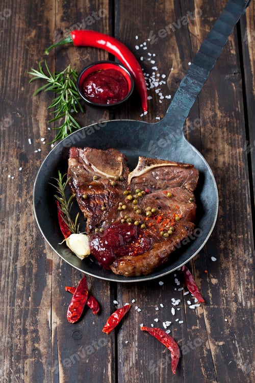 Preview: Porterhouse steak with spices and tomato sauce in frying pan