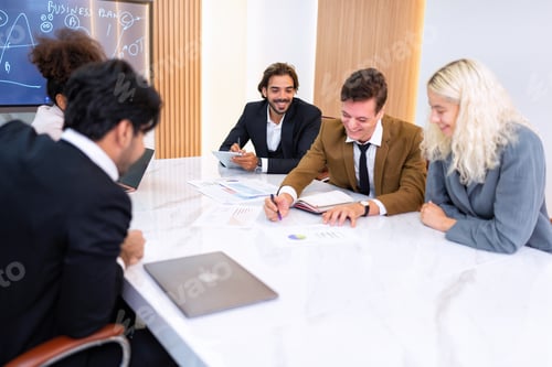 Preview: Employee on job corporate Business colleagues sit around table work as team and hand gathering