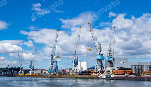 Preview: Cranes at port of Rotterdam, Netherlands. Logistics business, cargo loading unloading