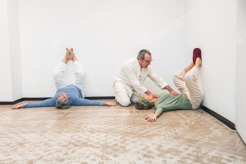 Preview: Yoga instructor assisting senior women in a restorative wall yoga session.