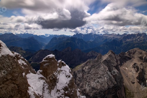 Preview: Panoramic view from the top of the Marmolada Glacier, Dolomites, South Tyrol, Italy.