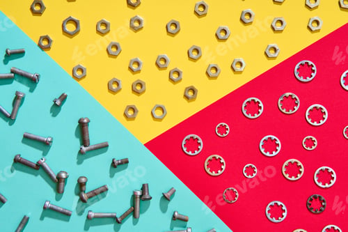 Preview: Colorful geometric hardware layout with nuts bolts and washers