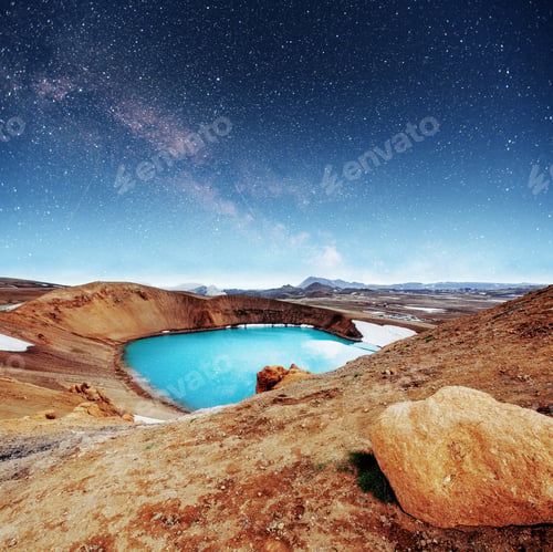 Preview: Giant volcano overlooks. Turquoise provides a warm geothermal