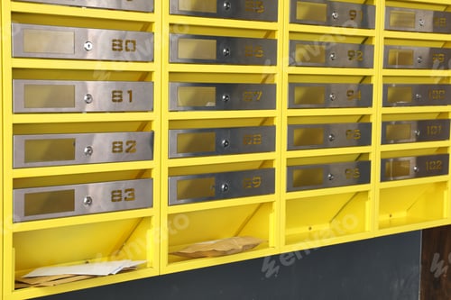 Preview: Metal mailboxes with keyholes, numbers and correspondence in post office
