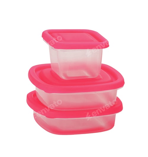 Preview: White plastic container with red lid isolated