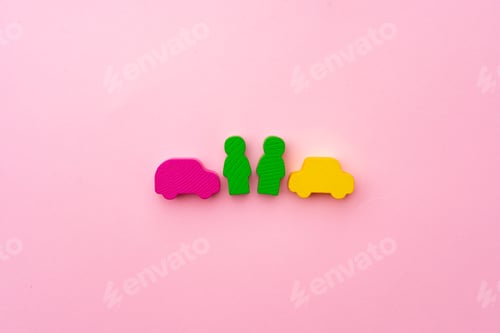 Preview: Wooden toys of people and car on pink background